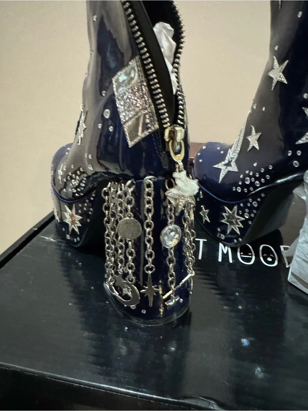 NWT Current Mood Navy Patent Platform Star-Embellished Ankle Boots